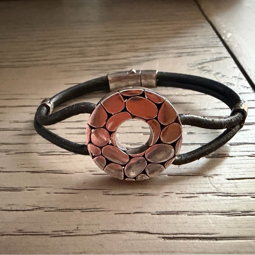 John Hardy Black Leather Bracelet with Mixed Metal Donut Accent
